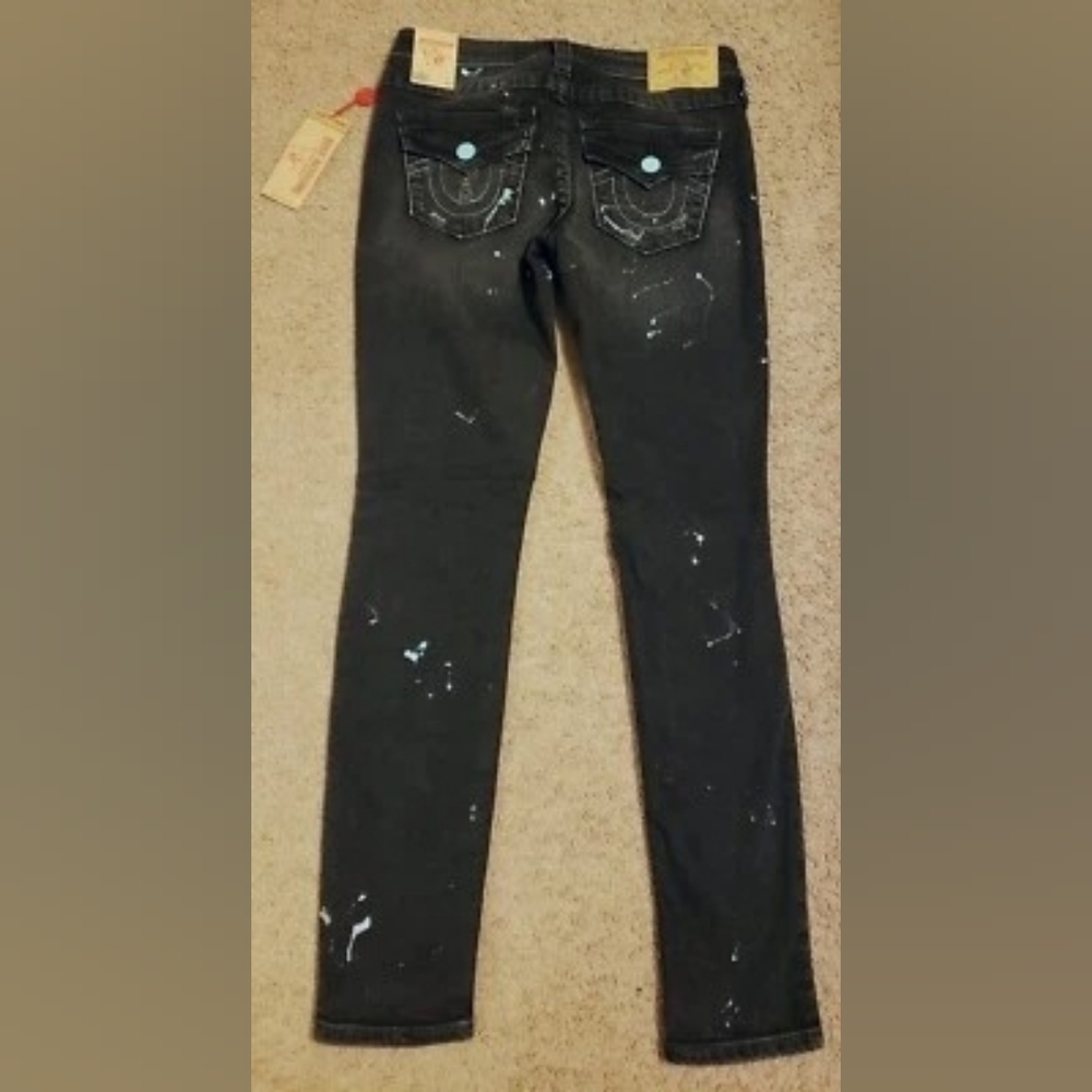 True Religion Black with Teal Splatter Super Skinny Distressed Jeans 29 - Picture 3 of 10